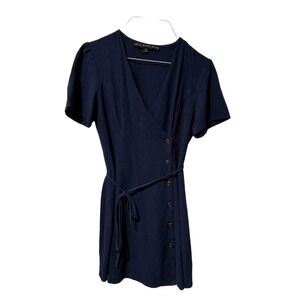 Hyfve Navy Blue Cotton Linen Wrap Mini Dress Short Puff Sleeve Button HF19G216 S